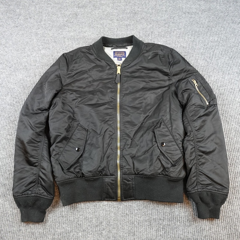 Alpha Industries Jacket Mens Large Black Bomber Flight Nylon Lined Pockets MA1